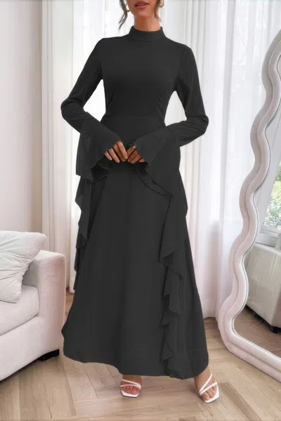 Truedames Solid Stand Collar Flare Sleeve Ruffle Full Dress In Black