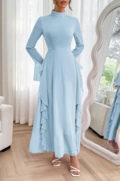 Truedames Solid Stand Collar Flare Sleeve Ruffle Full Dress In Blue