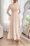 Truedames Solid Stand Collar Flare Sleeve Ruffle Full Dress In Neutral