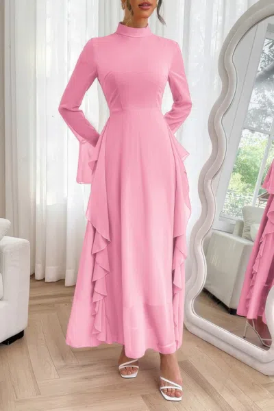 Truedames Solid Stand Collar Flare Sleeve Ruffle Full Dress In Pink