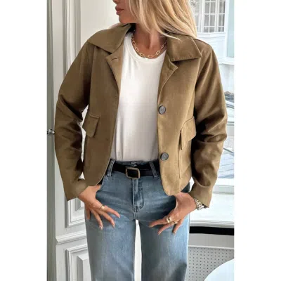 Truedames Solid Suit Lapel Faux Suede Leather Jacket In Brown