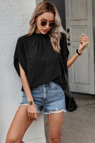 Truedames Solid Swiss Dot Mock Neck Drop Shoulder Blouse In Black