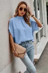 Truedames Solid Swiss Dot Mock Neck Drop Shoulder Blouse In Blue