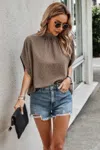 Truedames Solid Swiss Dot Mock Neck Drop Shoulder Blouse In Brown