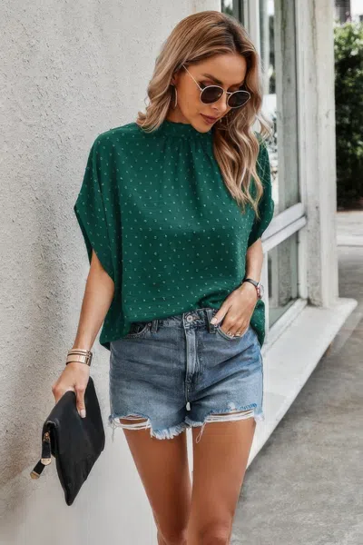 Truedames Solid Swiss Dot Mock Neck Drop Shoulder Blouse In Green