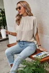 Truedames Solid Swiss Dot Mock Neck Drop Shoulder Blouse In Neutral