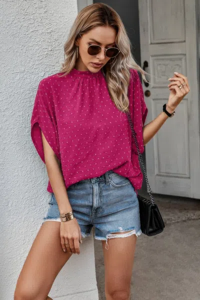 Truedames Solid Swiss Dot Mock Neck Drop Shoulder Blouse In Pink