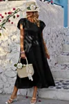 Truedames Solid Swiss Dot Ruffle Hem Belt Midi Dress In Black