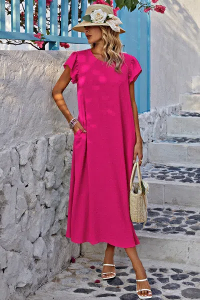 Truedames Solid Swiss Dot Ruffle Hem Belt Midi Dress In Pink