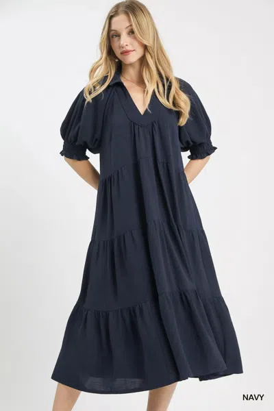 Truedames Solid Tiered Midi Dress In Blue