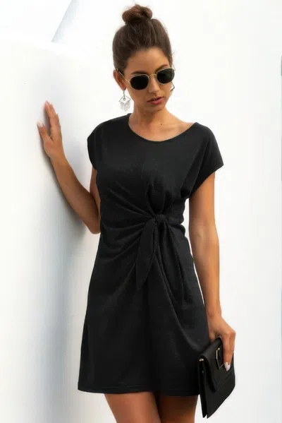 Truedames Solid Twist Knot Front Short Sleeve Tee Fit Dress In Black