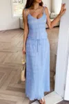 Truedames Solid Two Piece Strappy Maxi Skirt Crop Top Set In Blue