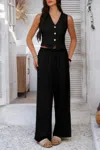 Truedames Solid Two Pieces Button Lace Hem Long Sets In Black