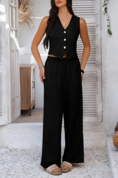 Truedames Solid Two Pieces Button Lace Hem Long Sets In Black