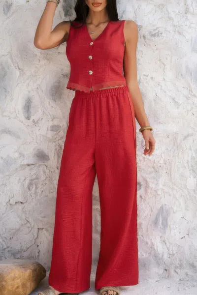 Truedames Solid Two Pieces Button Lace Hem Long Sets In Red