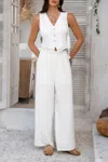 Truedames Solid Two Pieces Button Lace Hem Long Sets In White