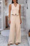 Truedames Two Pieces V Neck Button Lace Decorate Long Pants In White