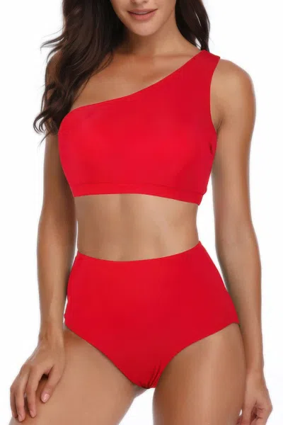 Truedames Solid Two Pieces One Shoulder High Cut Swimsuit In Red