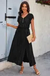 Truedames Solid V Neck Button Elastic Waist Pleated Dress In Black