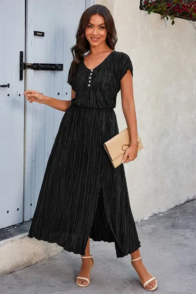 Truedames Solid V Neck Button Elastic Waist Pleated Dress In Black