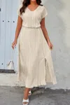 Truedames Solid V Neck Button Elastic Waist Pleated Dress In Gray