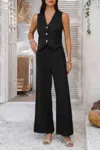 Truedames Solid V Neck Button Vest Pleated Suit Sets In Black