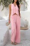 Truedames Solid V Neck Button Vest Pleated Suit Sets In Pink