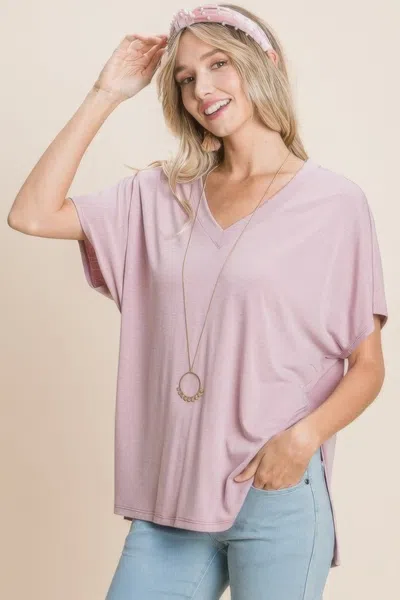 Truedames Solid V Neck Casual And Basic Top With Short Dolman Sleeves And Side Slit Hem In Multi