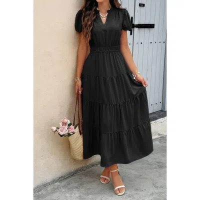 Truedames Solid V Neck Color Block Elastic Waist Dress In Black