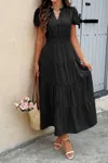 Truedames Solid V Neck Color Block Elastic Waist Dress In Black