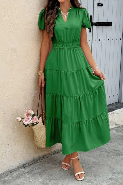 Truedames Solid V Neck Color Block Elastic Waist Dress In Green
