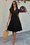 Truedames Solid V Neck Color Block Ruffle Hem Loose Dress In Black