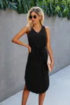 Truedames Solid V Neck Drawstring Waist Curved Hem Dress In Black