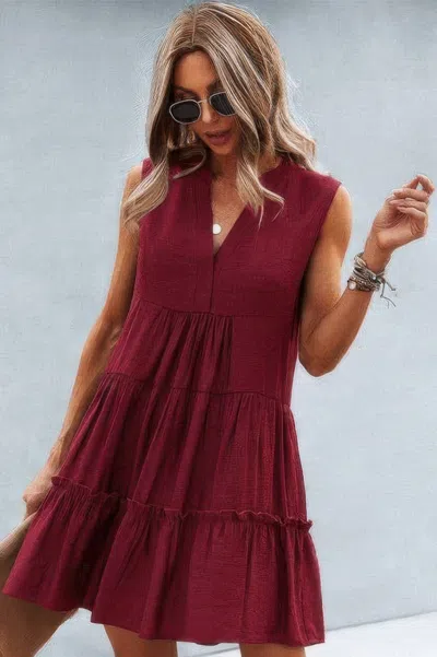 Truedames Solid V Neck Flat Collar Tiered Shift Dress In Purple