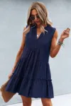 Truedames Solid V Neck Flat Collar Tiered Shift Dress In Blue