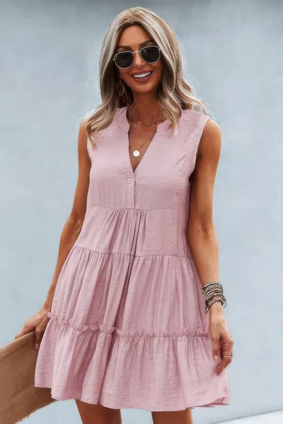Truedames Solid V Neck Flat Collar Tiered Shift Dress In Pink