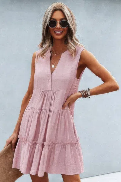 Truedames Solid V Neck Flat Collar Tiered Shift Dress In Pink