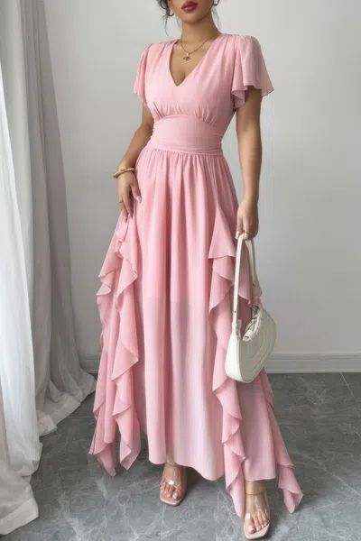 Truedames Solid V Neck High Waist Band Ruffle Hem Dress In Pink