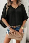 Truedames Solid V Neck Knit Loose Fit Bat Sleeves Top In Black