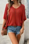 Truedames Solid V Neck Knit Loose Fit Bat Sleeves Top In Red
