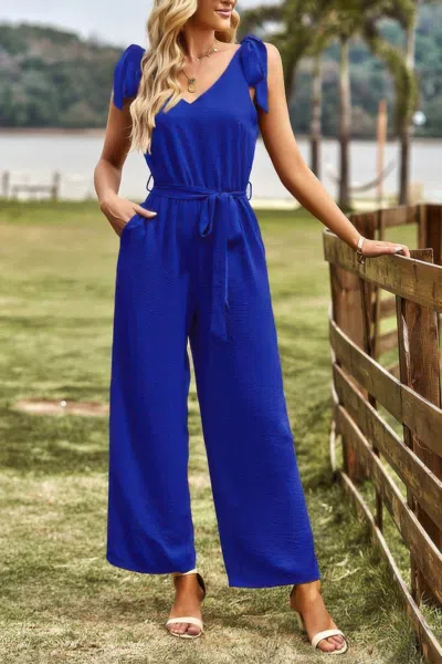 Truedames Solid V Neck Knot Shoulder Sleeveless Ruched Belt In Blue