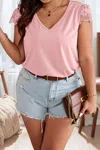 Truedames Solid V Neck Lace Splicing Back Bowknot T Shirt In Pink
