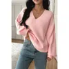 Truedames Solid V Neck Loose Knit Vintage Sweater In Pink