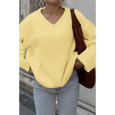 Truedames Solid V Neck Loose Knit Vintage Sweater In Yellow