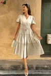 Truedames Solid V Neck Puff Sleeve Elastic Waist Dress In White