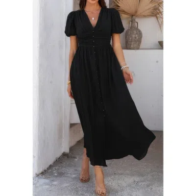 Truedames Solid V Neck Puff Sleeves Solid Knot Detail Dress In Black