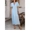 Truedames Solid V Neck Puff Sleeves Solid Knot Detail Dress In Blue