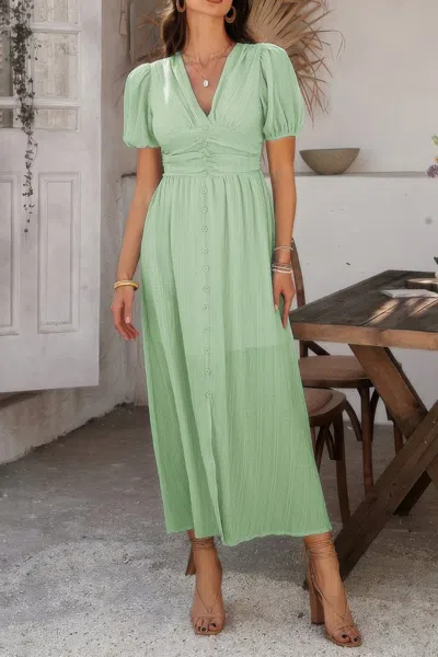 Truedames Solid V Neck Puff Sleeves Solid Knot Detail Dress In Green