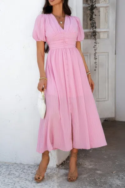 Truedames Solid V Neck Puff Sleeves Solid Knot Detail Dress In Pink