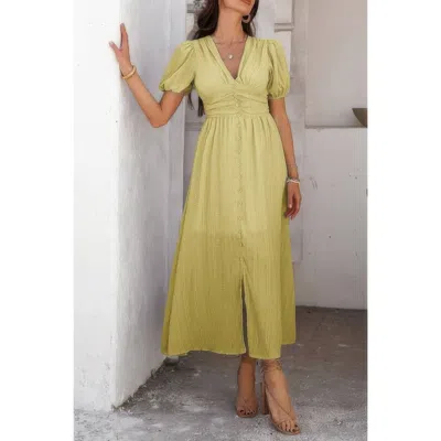 Truedames Solid V Neck Puff Sleeves Solid Knot Detail Dress In Yellow